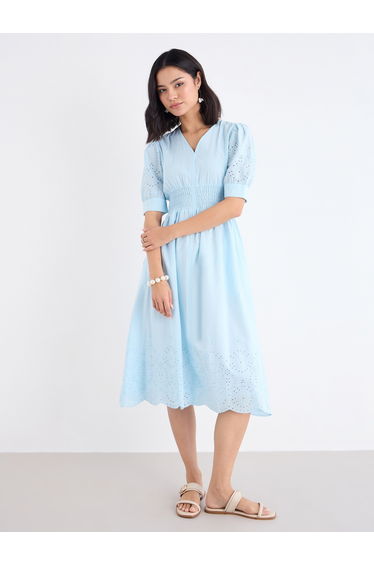 Women Light Blue Schiffli V Neck A-Line Mid Dress