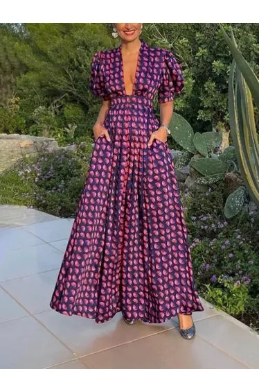 Retro Floral Printed Puff Sleeve Loose A-Line Maxi Dress