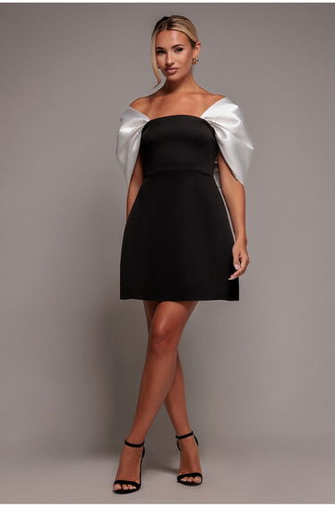 Contrast Off Shoulder Back Satin Bow Scuba Mini Dress - Black Cream by Goddiva
