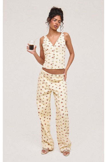 Cream Floral Mid Rise Straight Leg Jeans