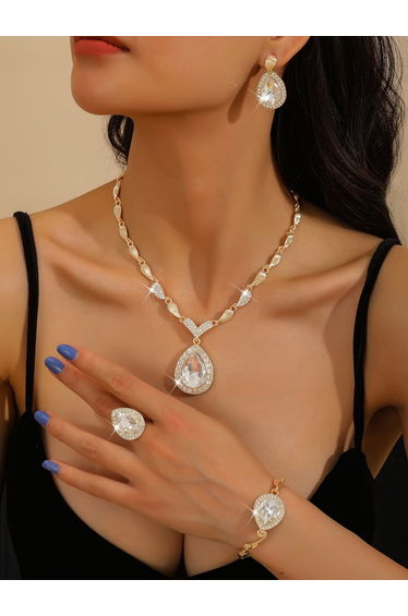 4-Piece Green Rhinestone Drop Necklace, Bracelet, Ring and Earrings Jewelry Set