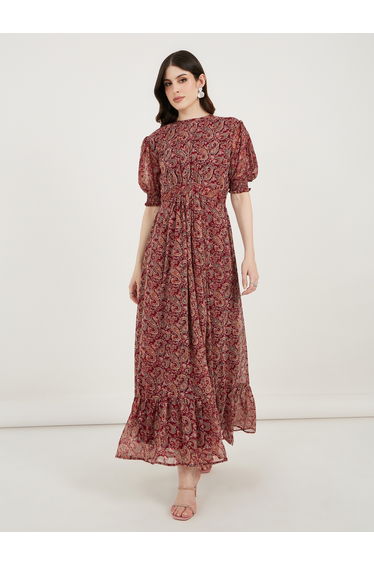 Paisley Print Puff Sleeves A-Line Maxi Dress