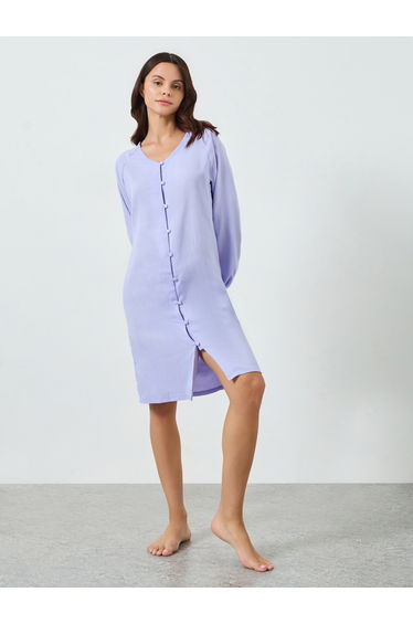 Lilac Supersoft Crinkle V Neck Mock Button Nightdress
