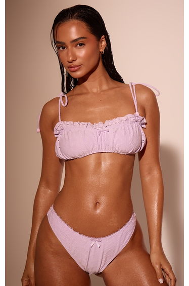 Lilac Broderie Frill Edge Bow Trim Bikini Top