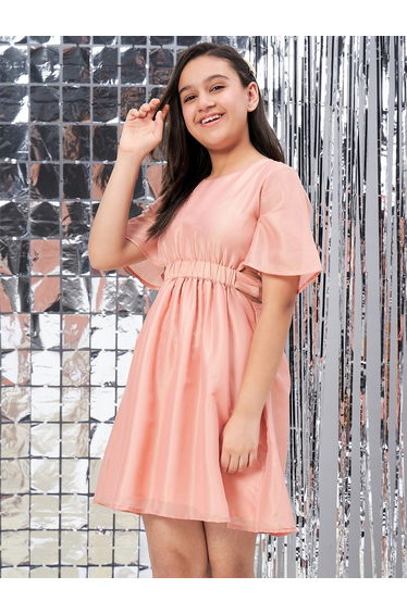 Solid Round Neck Elastic Waist Dress