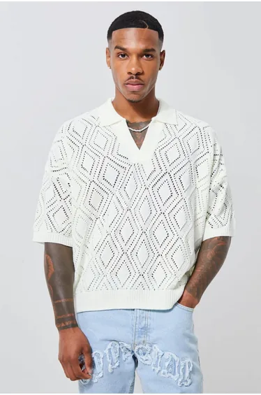 Short Sleeve Boxy Fit Revere Open Knit Polo - ecru
