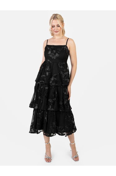 Maya Black 3D Floral Tiered Cami Midi Dress