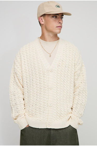 Relaxed Boxy Fit Cable Lace Knitted Cardigan - ecru