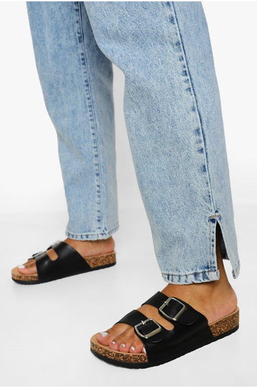 Double Buckle Footbed Slider - black