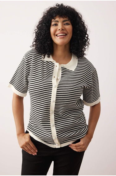 Black-Cream Polo Collar Striped Knitwear Blouse