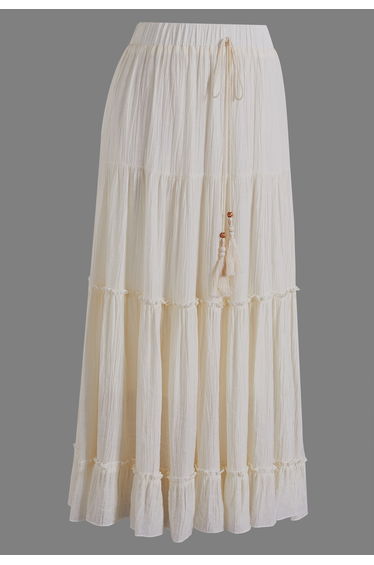 Crinkle Tiered Ruffle Tie-Waist Midi Skirt in Cream for Garden Brunch & Bohemian Gathering
