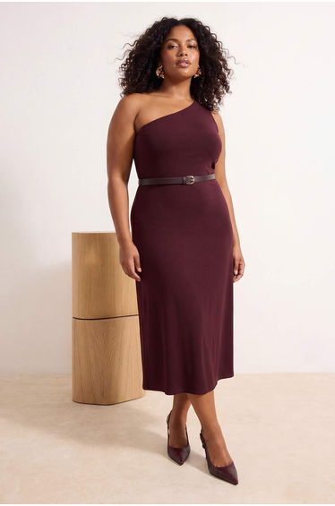 Brown Belt Detailed A-Line Asymmetrical Collar Plus Size Dress