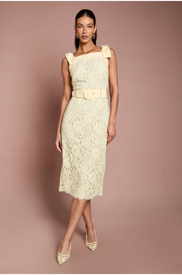 Bow Shoulder Belted Lace Dress