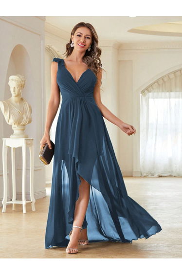 Leely Deep V Neck Cap Sleeve Chiffon Dress