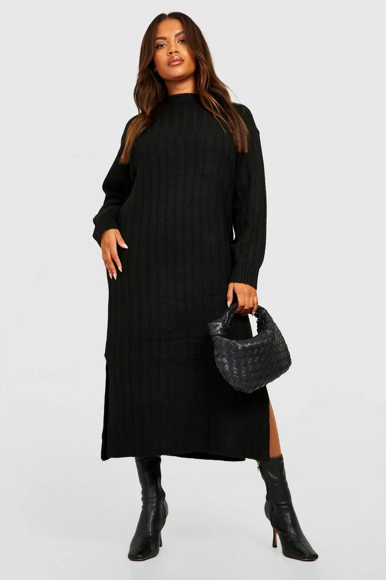 Plus Chunky Rib Soft Knitted Midaxi Dress - black - 2