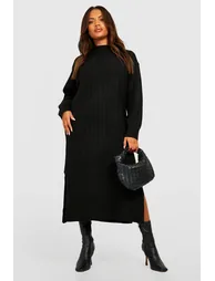 Plus Chunky Rib Soft Knitted Midaxi Dress - black - 2