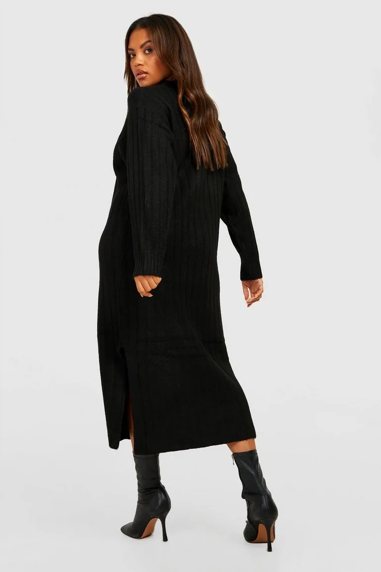 Plus Chunky Rib Soft Knitted Midaxi Dress - black - 1