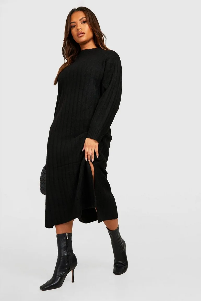 Plus Chunky Rib Soft Knitted Midaxi Dress - black