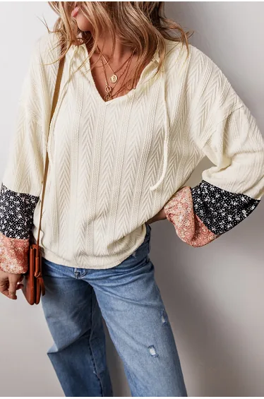Lvnes Beige Floral Patchwork Textured Knit Drawstring V Neck Blouse