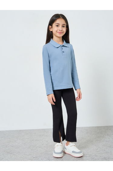 Girls Light Blue Long Sleeve Polo T-Shirt