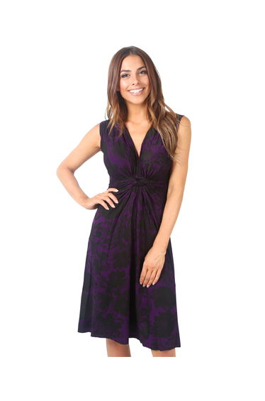 Bold Floral Print Knot Front Dress - Purple