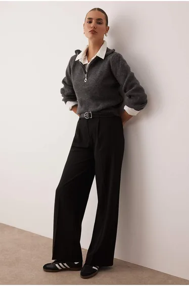 Black Palazzo/Extra Wide Leg Woven Fabric Trousers