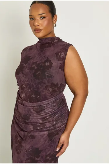 فستان بوهو شيفون بنفسجي ميداكسي بقصة مستقيمة بطبعة أزهار