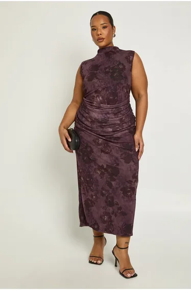 فستان بوهو شيفون بنفسجي ميداكسي بقصة مستقيمة بطبعة أزهار