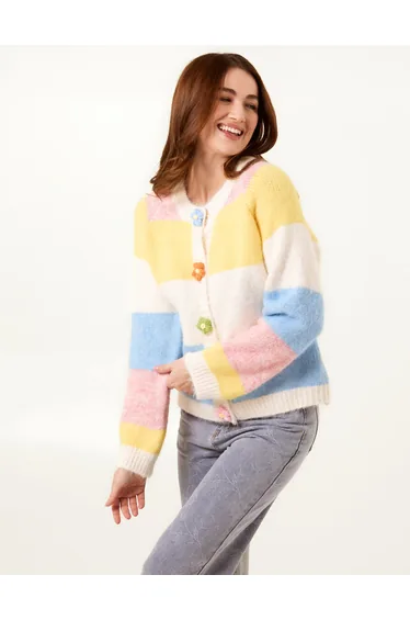 Colourful Striped Cardigan With Flower Buttons