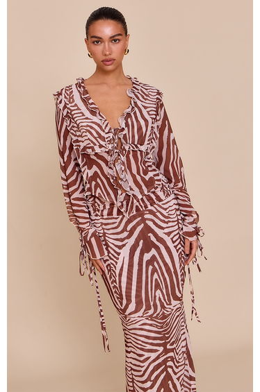 Brown Zebra Print Chiffon Ruffle Tie Front Blouse