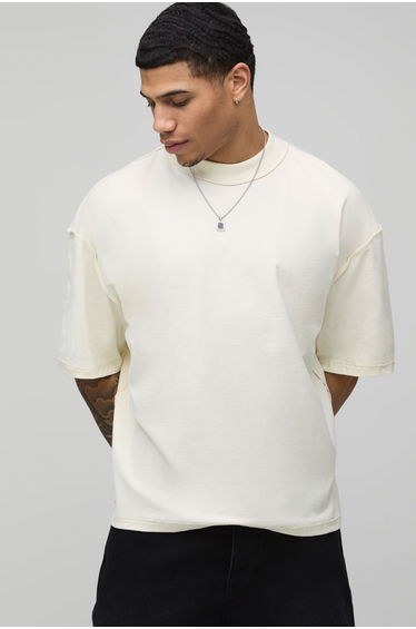 Ecru Oversized Boxy Exposed Seam Heart Graffiti Print T-Shirt - ecru