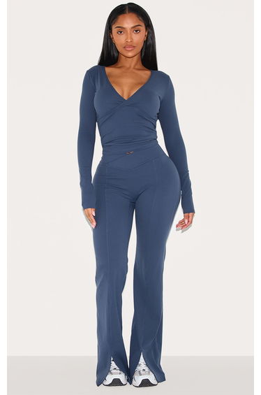 Shape Navy Sculpt Active V Waist Split Front Flare Trousers