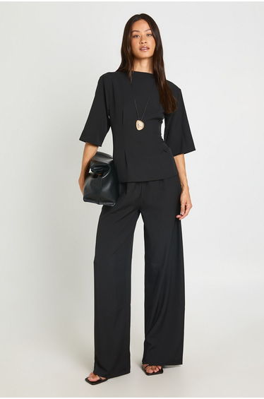 Tall Woven Marl Cinch Waist Top Wide Leg Trouser Co-ord - black