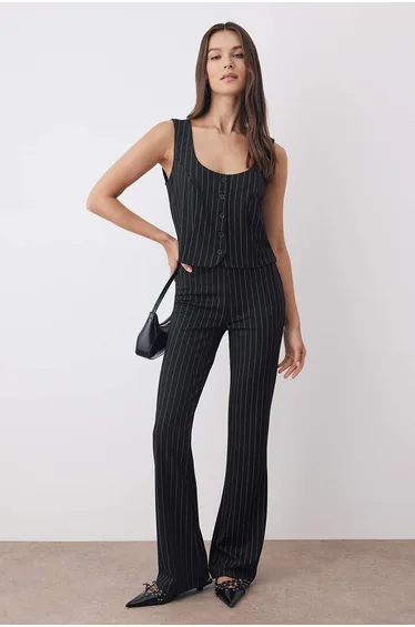 Black Striped Square Collar Buttoned Flexible Top Flare/Flare Bottom Knitted Bottom-Top Set