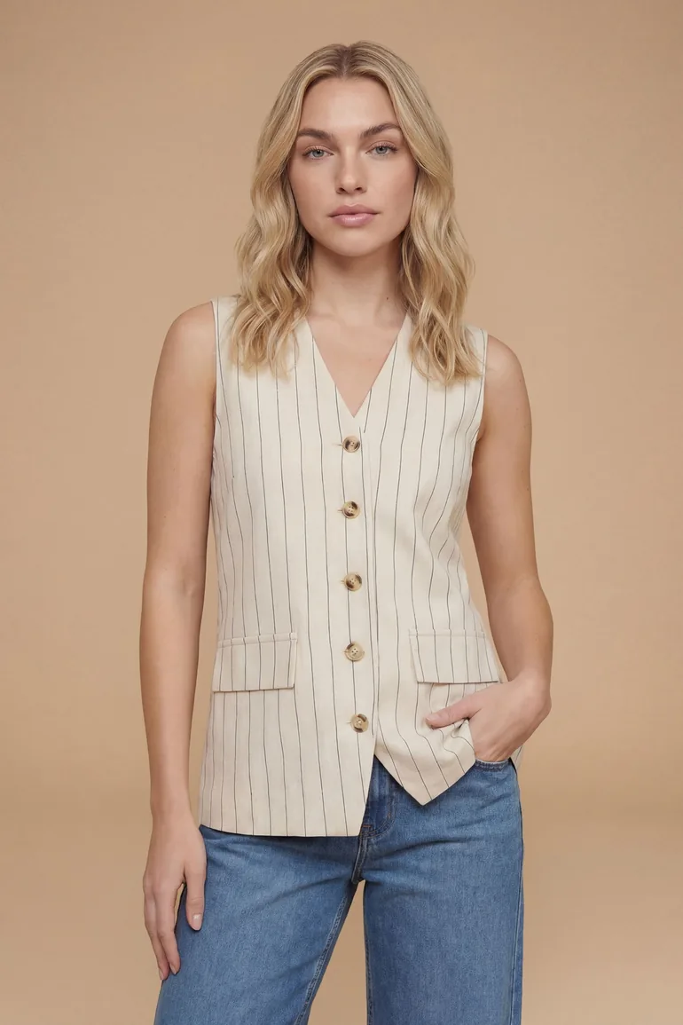 Stripe Linen Look Button Up Waistcoat