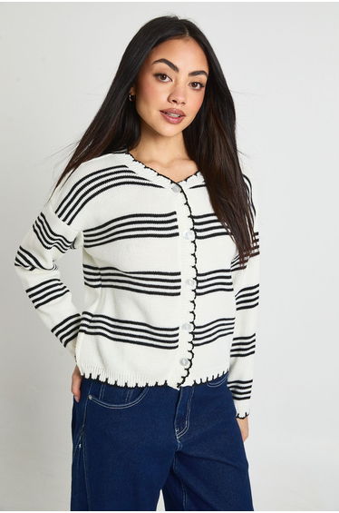 Blanket Stitch Stripe Knit Cardigan - cream