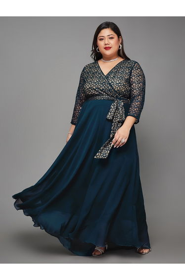 Plus Size Lace Insert Maxi Dress with Tie-Belt
