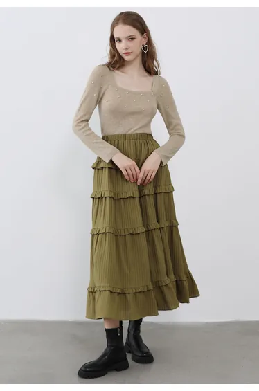 Ruffle Tiered Stripe Texture Maxi Skirt in Olive