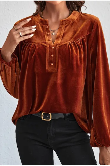Lvness Gold Flame Lantern Sleeve Beaded Split V Neck Velvet Top