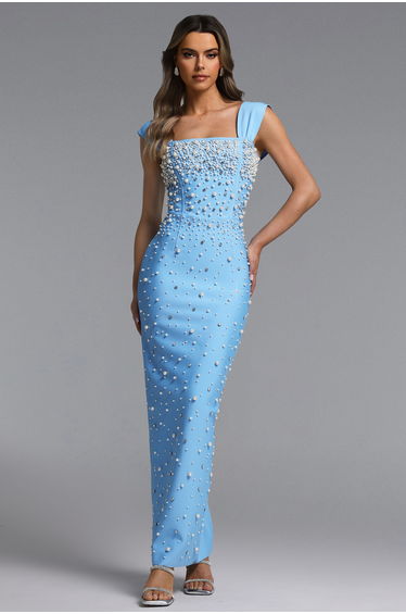 Vafa Glamorous Contour Square Neck Pearl Rhinestone Bandage Maxi Dress