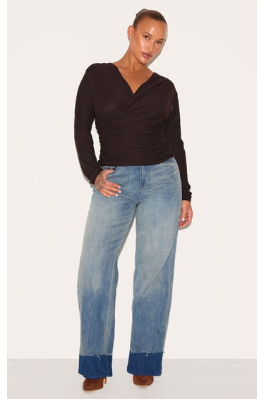 Plus Chocolate Soft Touch Ruched Long Sleeve Longline Top