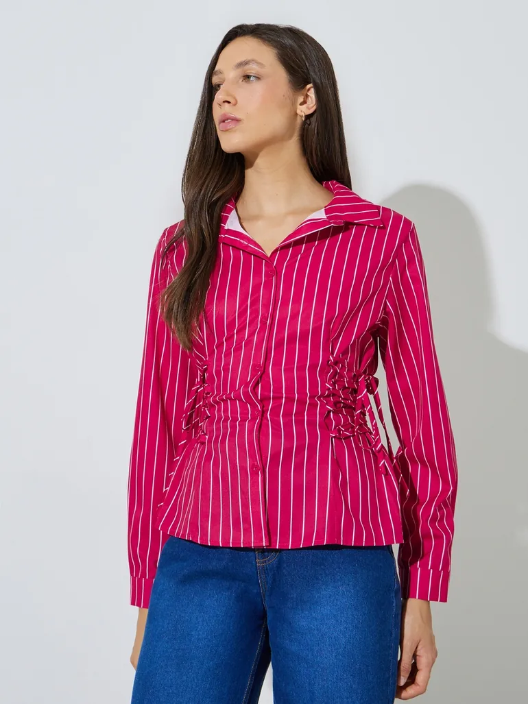 Red Striped Side Tie Detail Long Sleeve Shirt - 2