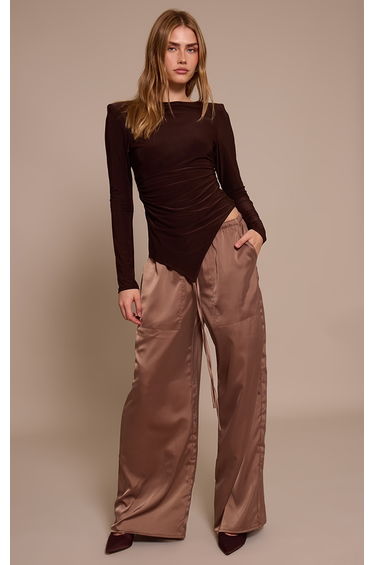 Chocolate Double Layer Slinky Shoulder Pad Asymmetric Top