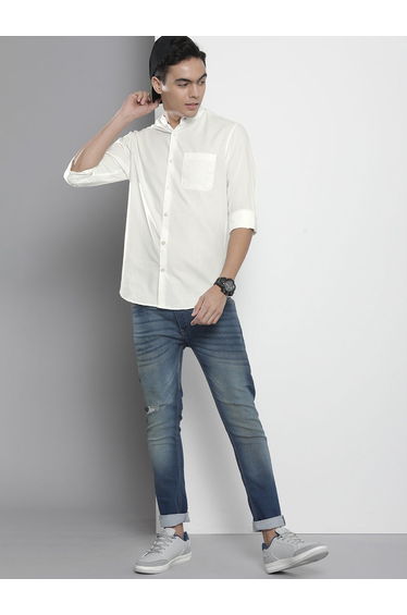 Men White Mandarin Collar Shirt