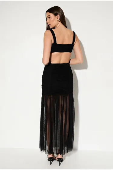Open Back Mesh Ruched Maxi Dress