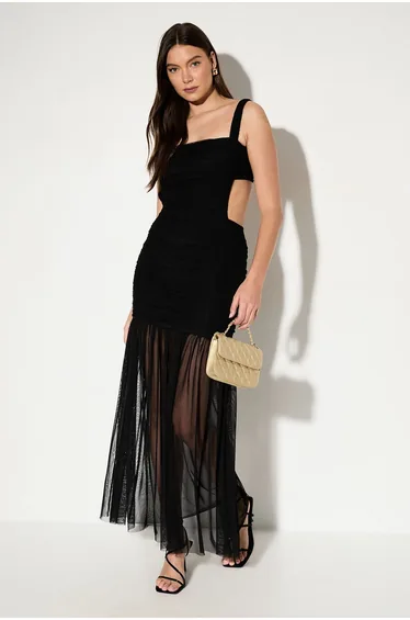 Open Back Mesh Ruched Maxi Dress