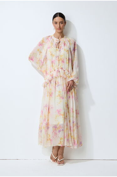 Always Yours Apricot Floral Print Lantern Sleeve Chiffon Maxi Dress
