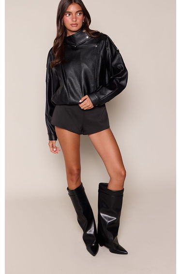 Black Matte PU Point Toe Fold Over Knee High Block Heeled Boot