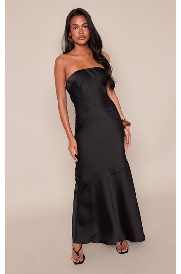 Black Satin Bandeau Cowl Back Maxi Dress