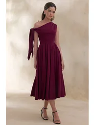 فستان ميدي بياقة غير متناظرة - أحمر - 4